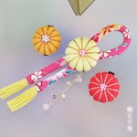 髪飾り 七五三 着物 成人式 黄ピンク系 和 ちりめん紐 ヘアクリップ