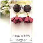 チェックカボション♡フラワータッセル イヤリング・ピアス(ボルドー)