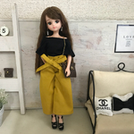  リカちゃん服♡オフショル黒トップス＆マスタード色ウエストリボンワイドパンツ♡リアルクローズ