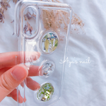 緑が綺麗なドライフラワーと銀箔のドームiPhoneケース【押し花】