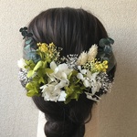 ユーカリ香るヘッドドレス＃02 かすみ草と紫陽花のプリザーブドフラワー髪飾り