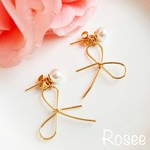 【2way】スワロフスキーパールとリボンのピアス☆イヤリング☆アレルギー対応☆サージカルステンレス☆ノンホールピアス☆ゴールドカラー