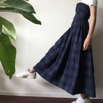 コルセットワンピース 紺チェック Msize 麻