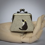 リネン刺繍ネコのミニがま口ポーチ＊バッグチャームC