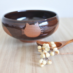 ねこ水玉　スープボウル（茶）在庫有