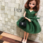 光沢カーキ カシュクールワンピ