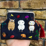 フクロウさんの刺繍がま口ポーチ☆［デニム］