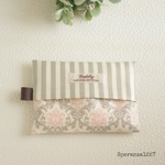ラミネート ポケットティッシュケース ＊ ダマスク柄 グレージュ×ピンク
