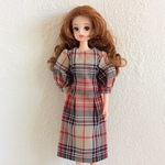 D135＿赤白チェックのタイトワンピース（リカちゃんのママ、momoko他、27cmドール用）