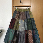 着物リメイク 紬や大島などのパッチワーク三段スカート カラフル フリーサイズ