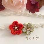 ベビーヘアバンド♡抹茶と朱赤のお花 お宮参り 初節句に♪