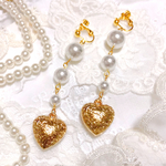 3連パールとゴールドハートのゆらゆらイヤリング/ピアス