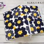 ゴムベルト付四六ハードカバー単行本用ブックカバー 【L ハード】 北欧風水玉花柄(紺・黄)