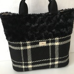 【送料無料】ボア付手さげトート(大)☆(黒白チェック&黒ボア)