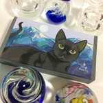 手描き●黒猫と岩山の小箱●筆入れ●イラスト●アート●原画●筆入れ●絵画●絵●猫●ペンケース●小物入れ
