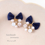 2way happy day pierce＊シルクリボンのパール×ビジューのリースピアス＊大人かわいいリボンアクセサリー＊5color