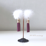 ホワイトファー&パープルタッセル ノンホールピアス 