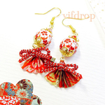友禅千代紙  【渋赤系 ツギハギ和柄】扇子と花柄トンボ玉の和ピアス イヤリング