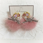 モーヴピンク♡ミンクファー×ベロアリボン ビジューピアス