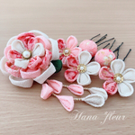 八重の花❁つまみ細工 髪飾り❁ ピンク＆生成＆柄 *成人式*七五三
