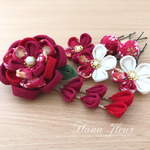 八重の花❁つまみ細工 髪飾り❁ 赤紫＆生成＆柄 *成人式*七五三