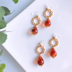 チェーンリングと大人の琥珀のドロップイヤリング/ピアス