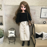 ❤︎再販❤︎リカちゃん服♡ボリューム袖黒トップス＆フロントボタン白コーデュロイスカート♡リアルクローズ 