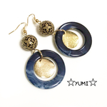 ネイビー×ブラック×ゴールド アンティークピアス