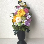 プリザーブドフラワーの仏花☆高さ28cm黄色菊 小菊 ピンクミニダリアの仏花 お悔みお供えに