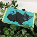 手描き●黒猫と蝶の小箱●筆入れ●イラスト●アート●原画●筆入れ●絵画●絵●猫●ペンケース●小物入れ