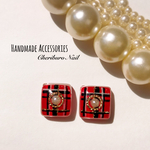 ガラスタイルピアス♡赤チェック柄