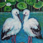 原画 「ハス池の仲良しコウノトリ」（額付 / 木目ホワイト）A4  ＃コウノトリの絵＃蓮(ハス)の花の絵＃絵画＃art＃通販