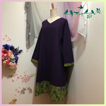 【再販】Vネック＊裾切り替えワンピース＊グレープ色×和柄(鶯色)