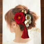♯再再再♯  はんなり和モダン＊紅椿&白椿の髪飾り＊  赤タッセル付き