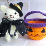 空飛ぶハロウィンキャットストラップ＆カボチャかご