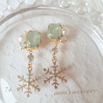 【74】日常使い 雪の結晶 milkyホワイトグリーン ♡ピアス＊イヤリング
