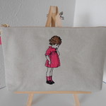 ピンク可愛いフランスの女の子刺繍の帆布のペンケース　たっぷり