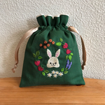 刺繍巾着ポーチ【うさぎ】みどり