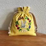 刺繍巾着ポーチ【うさぎ】きいろ