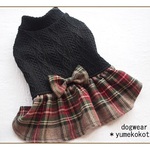 ブラックアラン風ニットとウールチェックの袖付きワンピース
