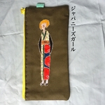 刺繍横長大きめポーチ ジャパニーズガール