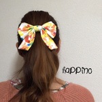 ロングリボン　ヘアゴムorバレッタ　カラフルフラワー オレンジ