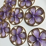 パープル☆おしゃれな花柄円形 刺繍パーツ4個☆刺繍糸