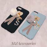 ★[A26]iPhoneケース ラビットファー&ベルベットリボン&イニシャルチャーム
