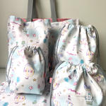 再入荷-New［送料無料］★入園入学6点セット！レッスンバッグ・シューズバッグ・お着替え袋・お弁当袋・コップ袋・ランチョンマット！ラメラビット柄（オフ白）！★