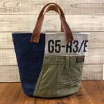丸底トートバッグ。woolチェック柄。帆布、デニムリメイク