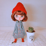 真っ赤なステッチのヒッコリーつなぎ（サルエルパンツ）とニット帽のセット