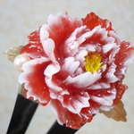★かんざし＊牡丹の花（レジン）赤珊瑚色⑥・あこや本真珠★