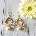 コットンパール×チェーンリボンピアス、イヤリング