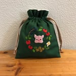刺繍巾着ポーチ【こぶた】みどり